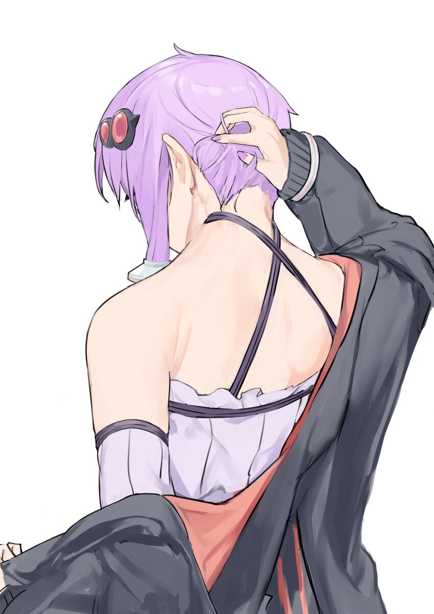 1girl back black_jacket criss-cross_halter detached_sleeves facing_away from_behind hair_ornament halterneck hand_on_own_head highres jacket pocche-ex purple_hair purple_nails short_hair_with_long_locks simple_background single_bare_shoulder solo vocaloid voiceroid white_background yuzuki_yukari