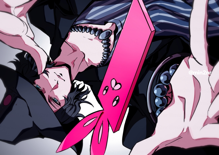 1boy bishounen black_hair black_headwear blue_neckwear cellphone closed_mouth eme_(204) green_eyes highres jewelry kaie_(ntwewy) male_focus medium_hair necklace phone shin_subarashiki_kono_sekai shirt smartphone smartphone_case solo solo_focus striped_clothes striped_shirt subarashiki_kono_sekai wavy_hair
