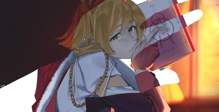 1girl aiguillette animal_sticker artist_name blonde_hair blurry blurry_background closed_mouth collared_jacket commentary daiba_nana depth_of_field dusk english_text epaulettes expressionless fingernails frog from_side fur-trimmed_jacket fur_trim green_hair grey_jacket hair_between_eyes hair_ribbon hand_on_own_face hand_up highres holding holding_notebook ibispaint_(medium) index_finger_raised jacket jacket_on_shoulders ling_(chaaaaanhikari) looking_at_viewer medium_hair notebook one_side_up red_jacket red_sleeve_cuffs revealing_layer ribbon script seishou_music_academy_uniform shoujo_kageki_revue_starlight solo translation_request upper_body white_background white_jacket