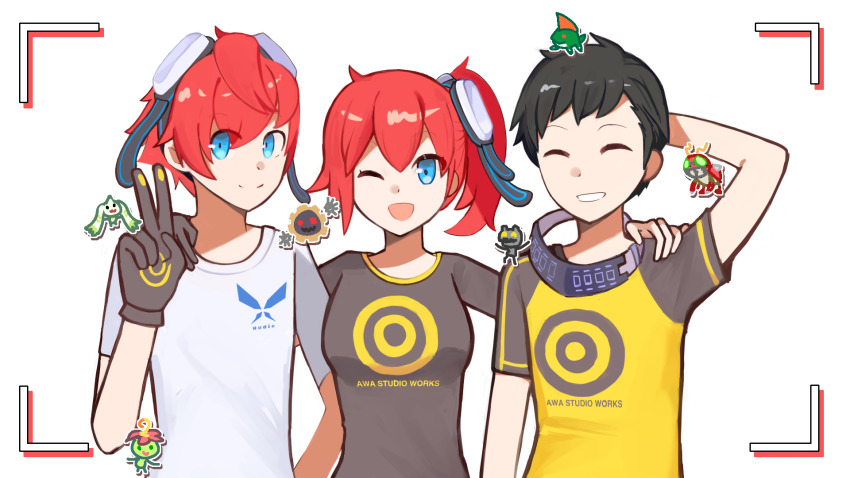 aiba_ami aiba_takumi amasawa_keisuke betamon blue_eyes digimon digimon_story:_cyber_sleuth digimon_story:_cyber_sleuth_hacker&#039;s_memory goggles goggles_on_head gottsumon hagurumon highres long_hair palmon red_hair short_hair sidetail tentomon terriermon