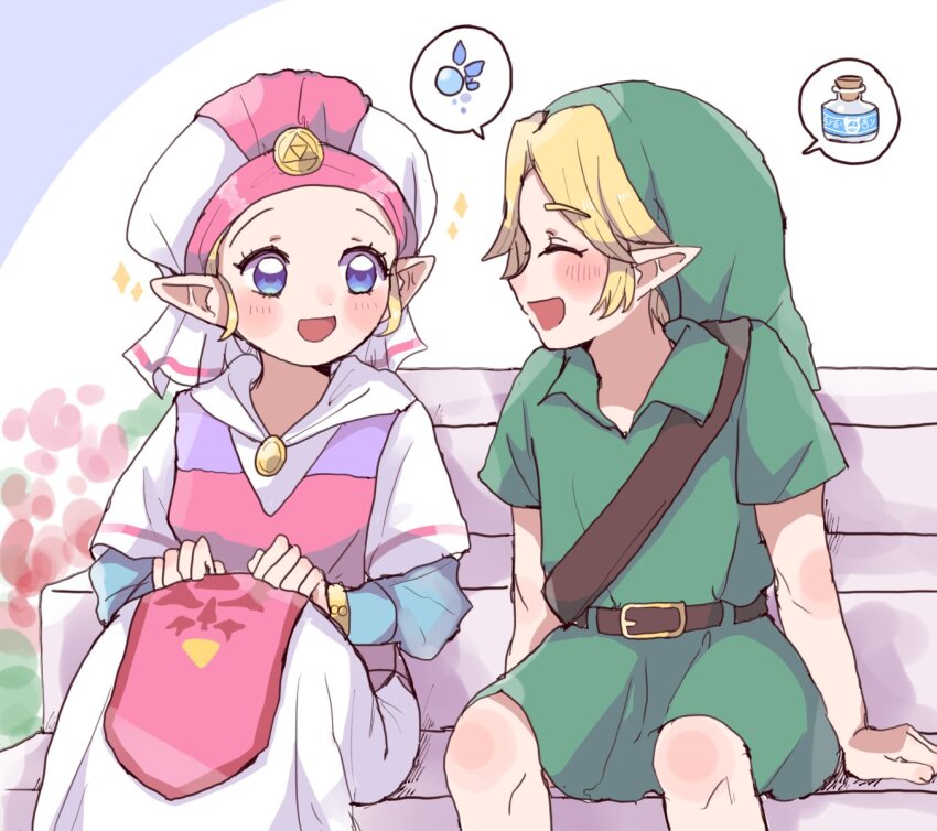 1boy 1girl arm_support belt blonde_hair blue_eyes blue_sleeves blush bottle brown_belt closed_eyes commentary dress facing_another fairy feet_out_of_frame green_hat green_tunic hands_on_lap hat highres layered_sleeves link long_sleeves looking_at_another milk_bottle n1ku22a navi nintendo on_bench open_mouth pink_dress pink_hat princess_zelda short_over_long_sleeves short_sleeves shoulder_belt sitting smile sparkle spoken_character spoken_object the_legend_of_zelda the_legend_of_zelda:_ocarina_of_time third-party_source triforce tunic two-tone_dress two-tone_headwear white_dress white_hat young_link young_zelda