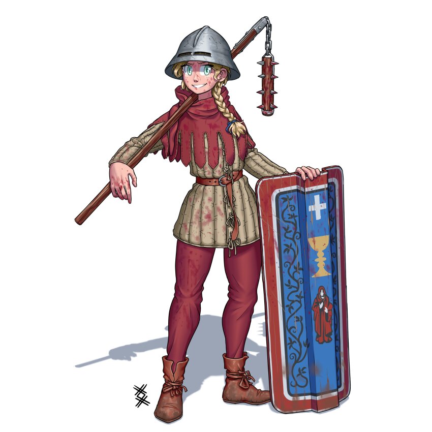 absurdres belt blonde_hair blood blue_eyes boots chalice christianity cross cup europe groznyi helmet highres hussite medieval medieval_clothing shield tagme weapon