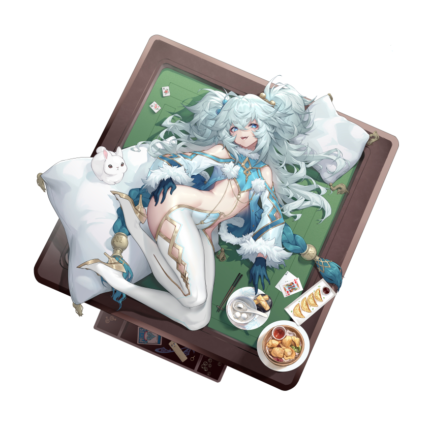 1girl absurdres ace_(playing_card) ace_of_clubs blue_eyes blue_gloves blue_hair breasts card club_(shape) florence_(neural_cloud) folding_fan food fur_trim girls&#039;_frontline girls&#039;_frontline_neural_cloud gloves hair_ornament hair_spread_out hand_fan heart heart-shaped_pupils high_heels highres king_(playing_card) king_of_diamonds long_hair long_sleeves looking_at_viewer lying on_side pa-15_(girls&#039;_frontline) pantyhose parted_lips playing_card rabbit shanyao_jiang_tororo small_breasts smile symbol-shaped_pupils thighs twintails white_pantyhose