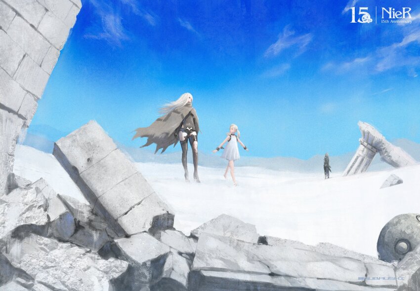 1boy 2girls a2_(nier:automata) blue_sky broken_pillar cloak desert dress fio_(nier) highres in-franchise_crossover kubaushi multiple_girls nier nier:automata nier_(brother) nier_(series) nier_reincarnation pillar ruins scenery sky standing twintails white_hair white_sand