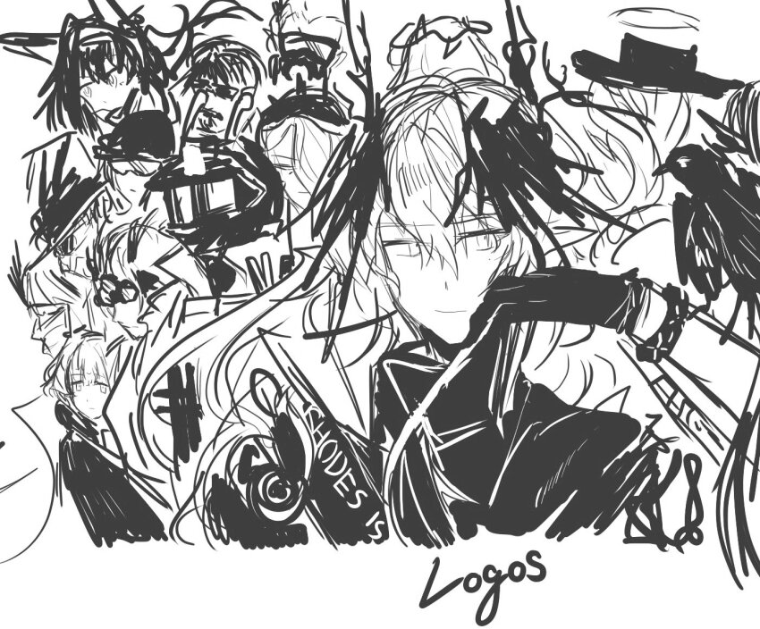 ace_(arknights) arknights blaze_(arknights) cat_girl demon_boy greyscale horns logos_(arknights) mantra_(arknights) mechanist_(arknights) misery_(arknights) monochrome multiple_boys multiple_girls non-web_source outcast_(arknights) rosmontis_(arknights) duq&#039;arael_(arknights) scout_(arknights) sharp_(arknights) sketch stormeye_(arknights)
