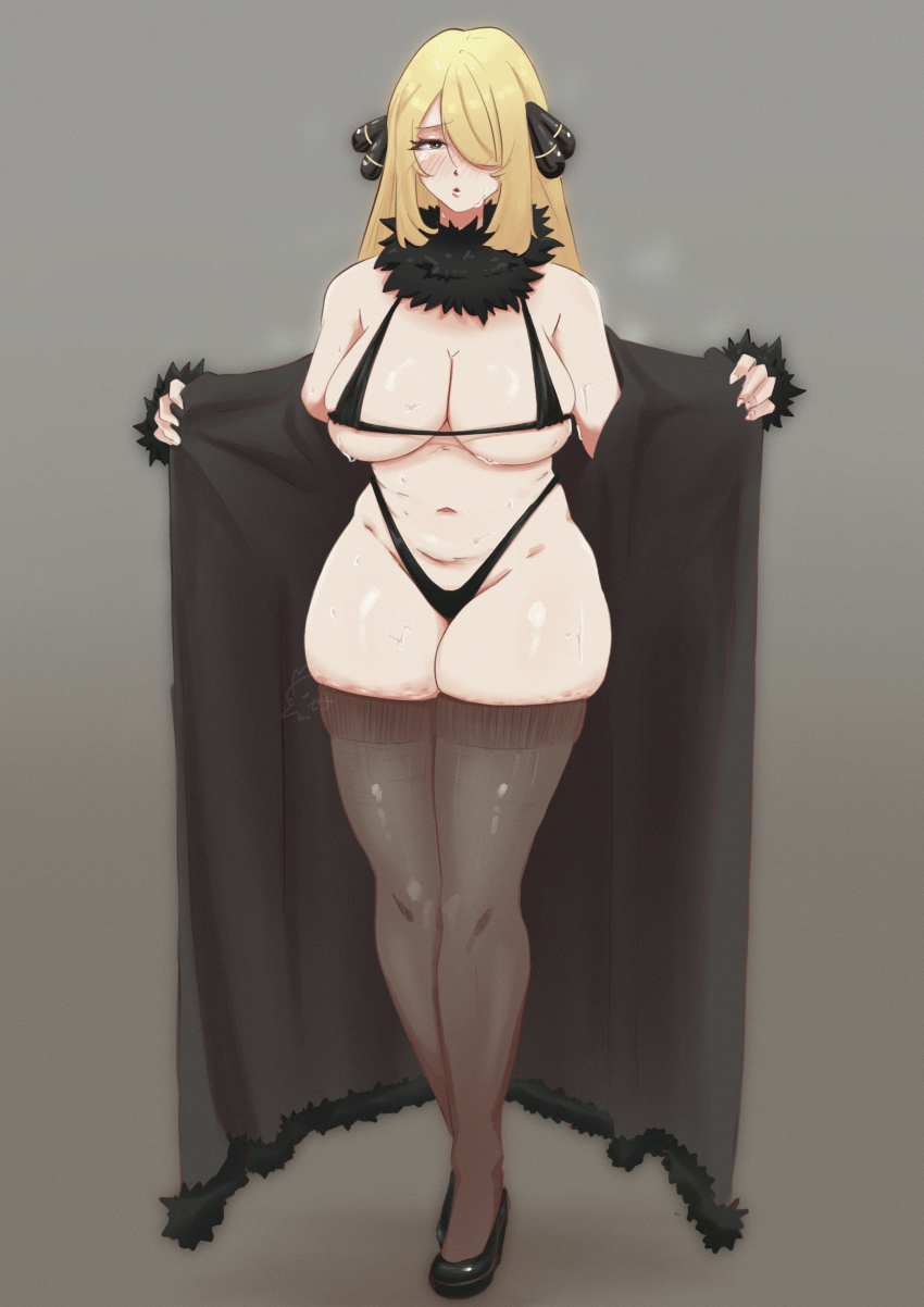 1girl absurdres bikini black_bikini blonde_hair breasts coat curvy cynthia_(pokemon) full_body fur-trimmed_coat fur_collar fur_trim grey_background grey_hair hair_over_one_eye highres large_breasts long_hair micro_bikini navel nintendo open_clothes open_coat plump pokemon pokemon_dppt senna simple_background skindentation solo standing stomach sweat swimsuit thighs very_long_hair