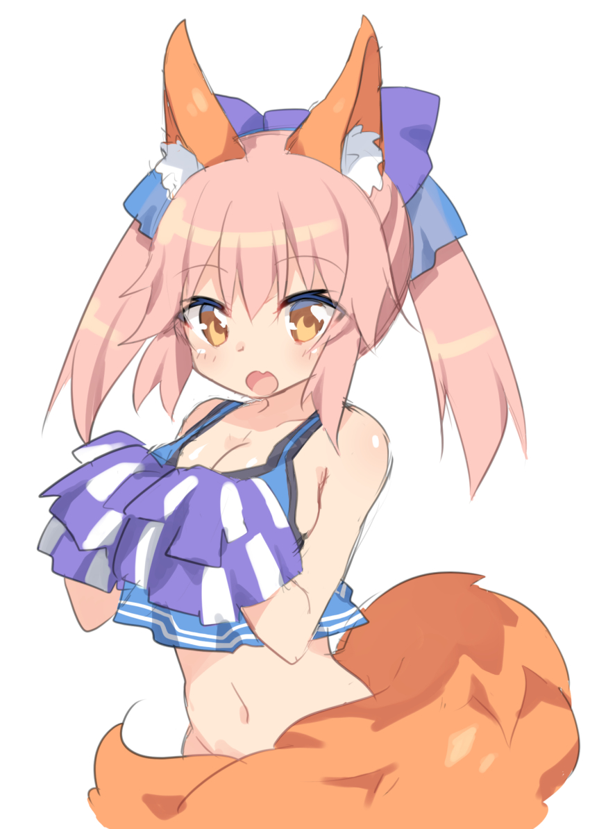 10s 1girl :o animal_ear_fluff animal_ears bare_arms bare_shoulders blush breasts brown_eyes cheerleader cleavage craytm crop_top fang fate/extra fate_(series) female_focus fox_ears fox_girl fox_tail groin hair_between_eyes hands_up highres holding long_hair medium_breasts navel open_mouth pink_hair pom_pom_(cheerleading) simple_background solo tail tamamo_(fate) tamamo_no_mae_(fate/extra) twintails white_background