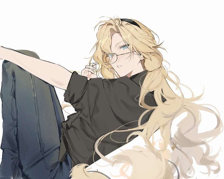 1girl adjusting_eyewear animal_ears arknights black_hairband black_shirt blonde_hair blue_eyes blue_pants commentary curtained_hair denim dog_ears dog_girl droopy_ears glasses hairband highres jeans joshua_(shisanli934) kristen_(arknights) long_hair looking_at_viewer pants parted_lips shirt simple_background sitting sleeves_rolled_up solo symbol-only_commentary white_background