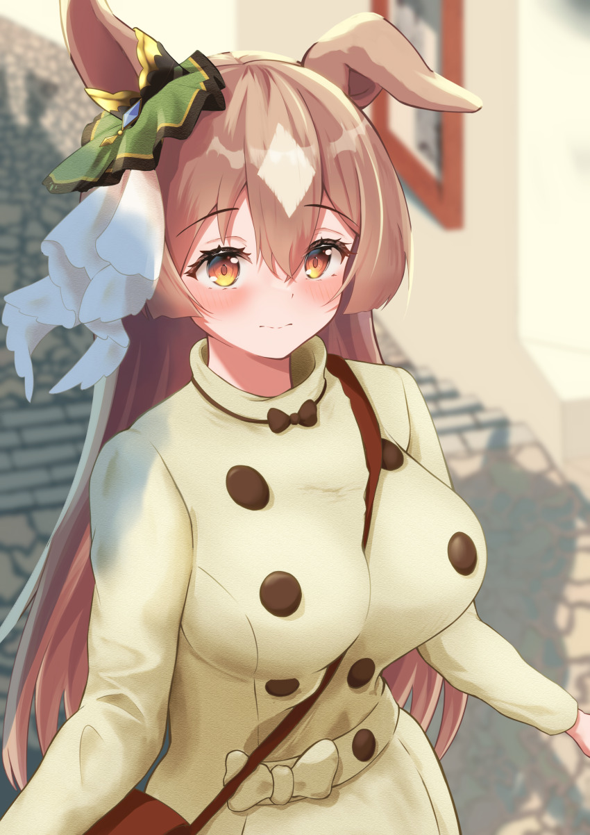 1girl absurdres alternate_costume animal_ears between_breasts blush bow breasts brown_bag brown_bow buttons commentary_request day double-breasted hair_between_eyes highres horse_ears horse_girl long_hair multicolored_hair outdoors p1_fcoyaa satono_diamond_(umamusume) shadow single_ear_down smile solo strap_between_breasts streaked_hair sweat umamusume upper_body white_hair yellow_eyes