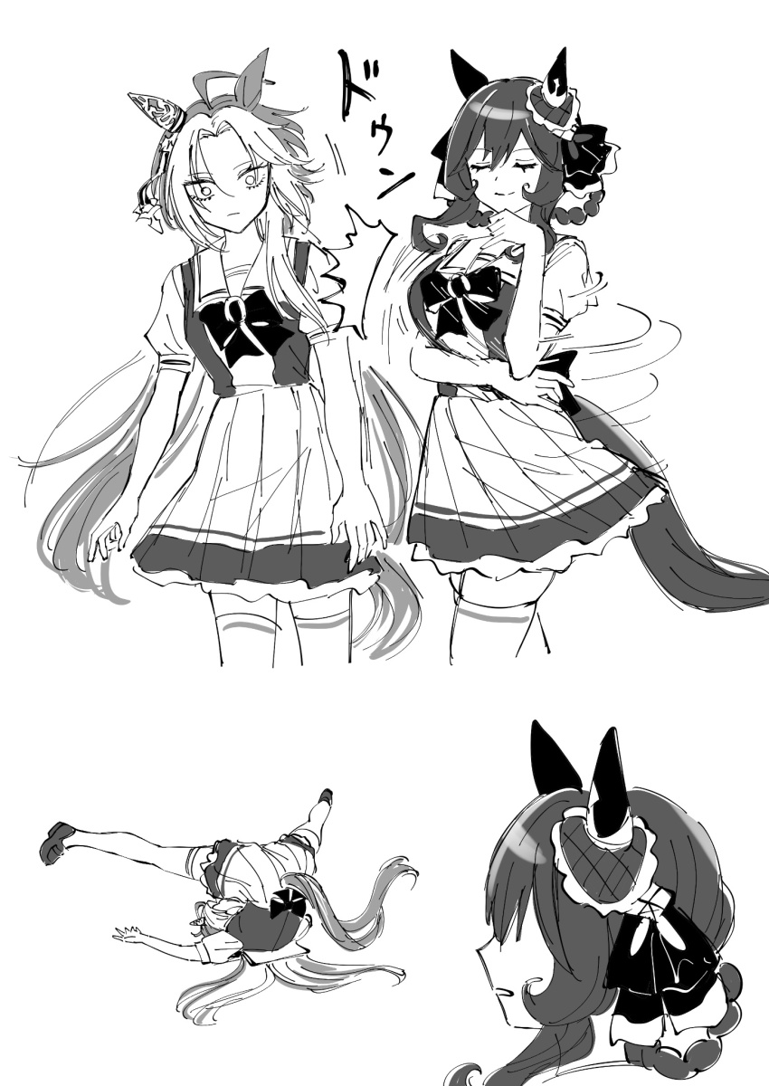 1girl 2girls animal_ears braid braided_hair_rings breasts closed_eyes ear_covers ear_ornament gentildonna_(umamusume) greyscale hair_between_eyes hair_ornament hair_rings heart-shaped_ornament heart_ear_ornament highres horse_ears horse_girl horse_tail horseshoe_ornament long_hair looking_at_another medium_breasts monochrome multiple_girls nayuta_ggg open_mouth orfevre_(old_design)_(umamusume) puffy_short_sleeves puffy_sleeves sailor_collar sailor_shirt school_uniform shirt short_sleeves simple_background skirt small_breasts spoken_sound_effect summer_uniform tail thighhighs tracen_school_uniform umamusume white_background white_skirt