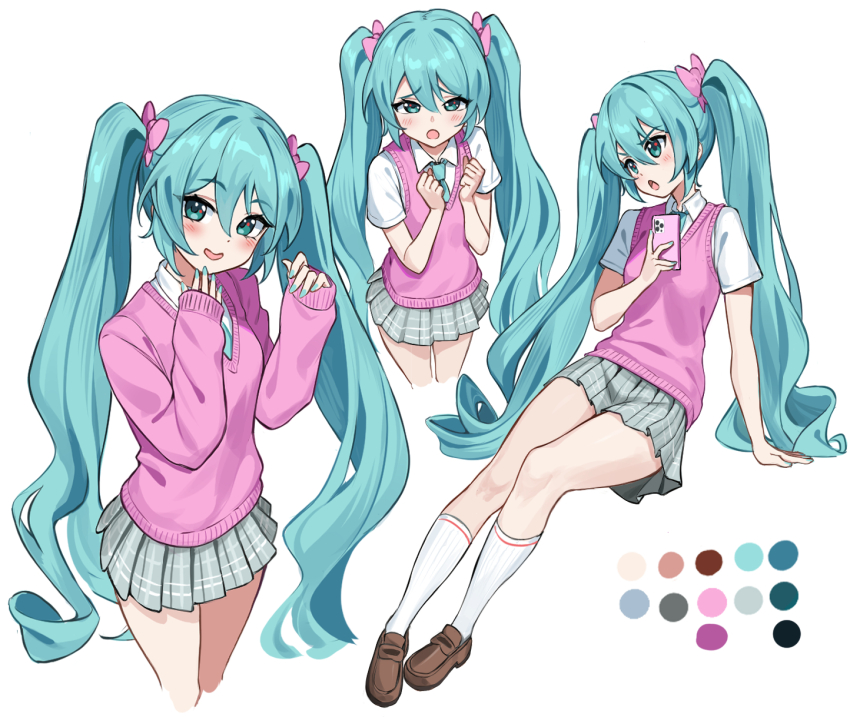 1girl aqua_eyes aqua_hair aqua_shirt arms_up bib_(bibboss39) bow cellphone cropped_legs from_above full_body hair_between_eyes hair_bow hatsune_miku highres holding holding_phone kneehighs long_hair looking_at_viewer multiple_views open_mouth phone pink_bow pink_sweater_vest pleated_skirt school_uniform shirt shorts simple_background skirt socks sweater_vest twintails very_long_hair vocaloid white_background white_socks