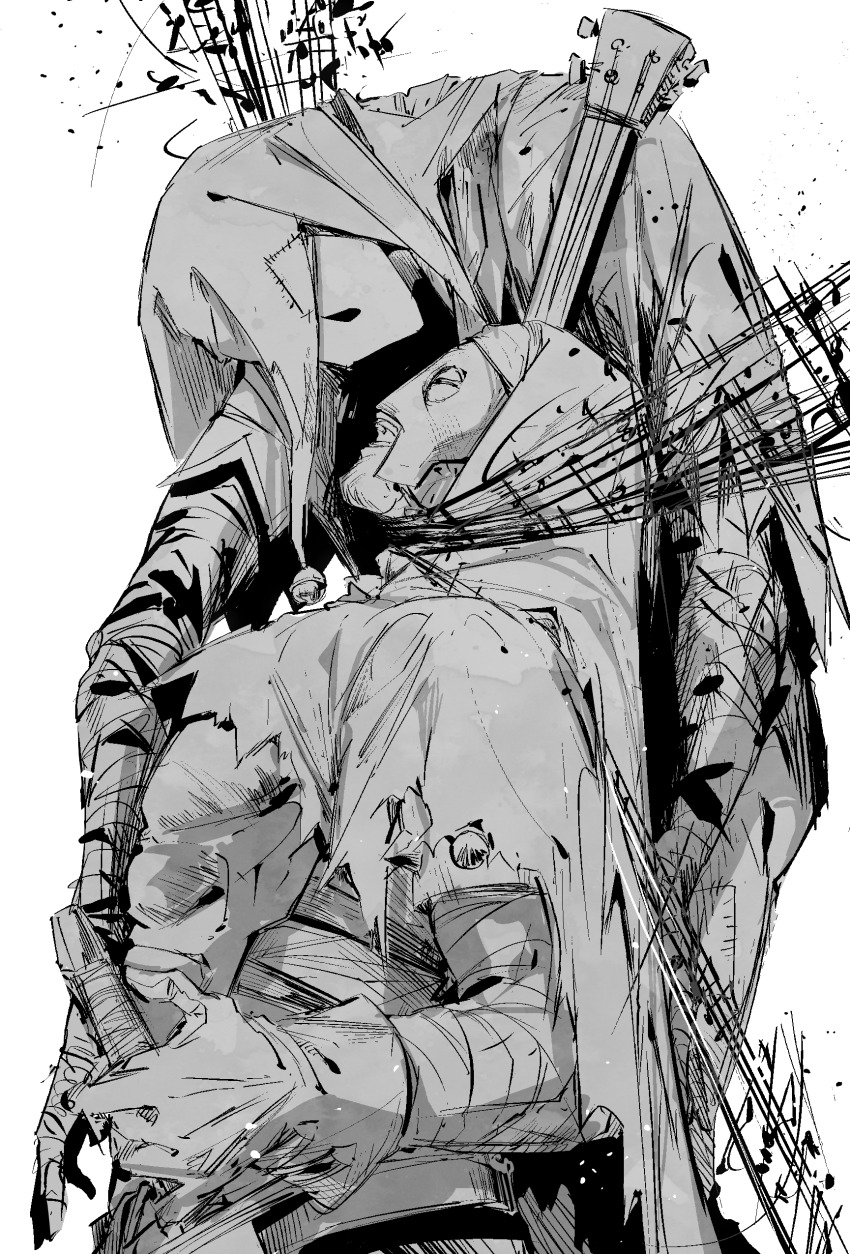 2boys 6cheetah absurdres arm_wrap cloak darkest_dungeon eye_contact gloves greyscale highres instrument jester_(darkest_dungeon) leper_(darkest_dungeon) looking_at_another lute_(instrument) male_focus mask monochrome multiple_boys musical_note open_mouth profile simple_background sketch musical_staff sword teeth torn_cloak torn_clothes weapon white_background