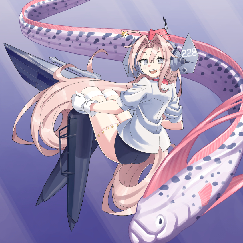 1girl ass ballet_boots black_one-piece_swimsuit coat commentary_request drum_(kancolle) fish garrison_cap gloves grey_eyes hair_ornament hair_rings hat headgear highres kantai_collection kazh_(kazu) long_hair looking_at_viewer oarfish one-piece_swimsuit pink_hair red_hat smile solo star_(symbol) star_hair_ornament star_ornament swimsuit swimsuit_under_clothes translation_request underwater very_long_hair white_coat white_gloves