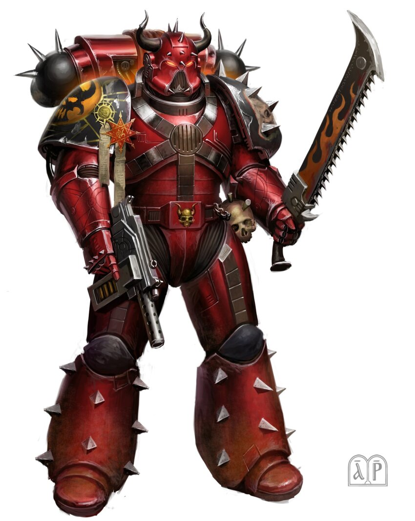 1boy adeptus_astartes armor bolter chainsword chaos_(warhammer) chaos_space_marine commentary dual_wielding elijah_arhpriest english_commentary full_body gun helmet highres holding holding_gun holding_sword holding_weapon horns male_focus pauldrons shoulder_armor simple_background skull spiked spikes standing sword warhammer_40k weapon white_background word_bearers