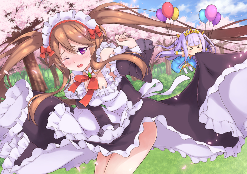 &gt;_&lt; 10s 2girls :&gt; apron balloon black_dress blue_dress blush boots bow breasts brooch brown_hair bush cherry_blossoms chibi covering_privates covering_crotch day detached_collar detached_sleeves dress dutch_angle closed_eyes frilled_apron frills grass hair_between_eyes highres jewelry light_purple_hair long_hair long_sleeves maid maid_headdress medium_breasts moonhackle mouth_hold multiple_girls myucel_foalan neck_ribbon one_eye_closed open_mouth outbreak_company outdoors outstretched_arms petals petralka_anne_eldant_iii pointy_ears purple_eyes red_bow red_ribbon ribbon sidelocks spread_arms strapless strapless_dress tears thigh_boots thighhighs tiara tree twintails white_footwear wind