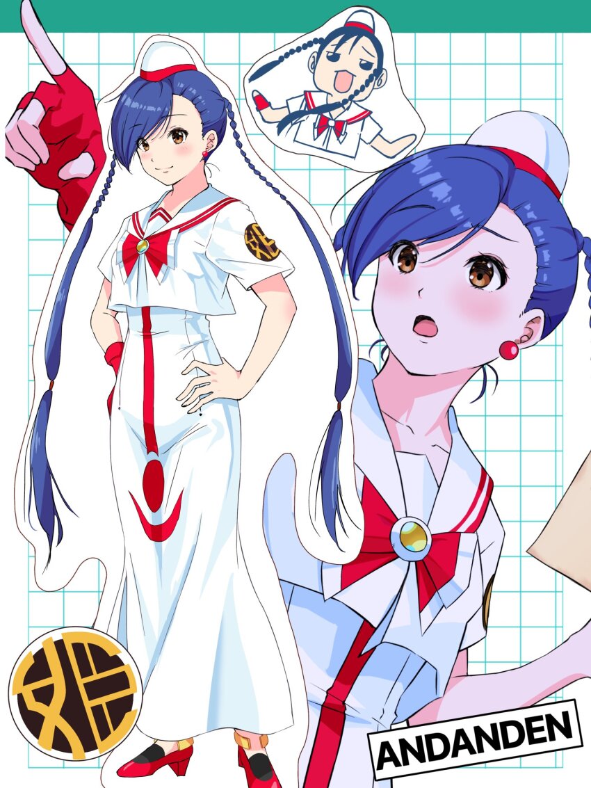 1girl aika_granzchesta andanden aria_(manga) artist_name asymmetrical_bangs blue_hair blush bow bowtie braid brown_eyes collarbone dress earrings fingerless_gloves full_body gloves grid_background hands_on_own_hips high_heels highres himeya_company_uniform holding impossible_clothes impossible_dress jewelry long_dress long_hair looking_at_viewer multiple_views open_mouth pointing red_bow red_bowtie red_footwear red_gloves sailor_collar short_sleeves single_glove smile standing swept_bangs twin_braids upper_body very_long_hair white_background white_dress