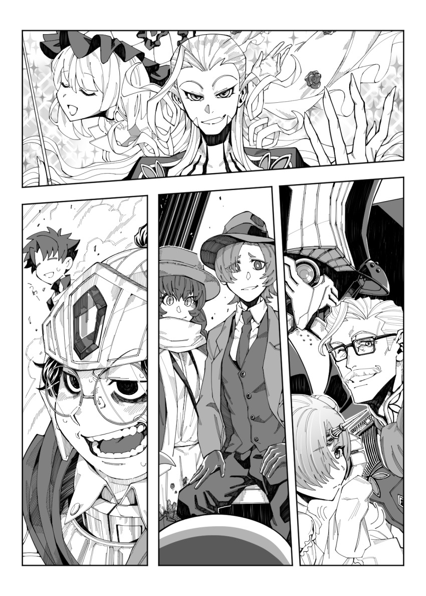 4girls 5boys blood blood_on_clothes braid charles_babbage_(fate) dress facial_hair fate/grand_order fate_(series) frankenstein&#039;s_monster_(fate) frankenstein&#039;s_monster_(swimsuit_saber)_(fate) fujimaru_ritsuka_(male) fujimaru_ritsuka_(male)_(polar_chaldea_uniform) glasses gloves greyscale han_xin_(fate) helmet highres james_moriarty_(archer)_(fate) long_hair marie_antoinette_(fate) mary_anning_(fate) metro_(yoto) monochrome multiple_boys multiple_girls mustache necktie open_mouth polar_chaldea_uniform riyo_servant_(babydoll)_(fate) robot scarf sitting wolfgang_amadeus_mozart_(fate)