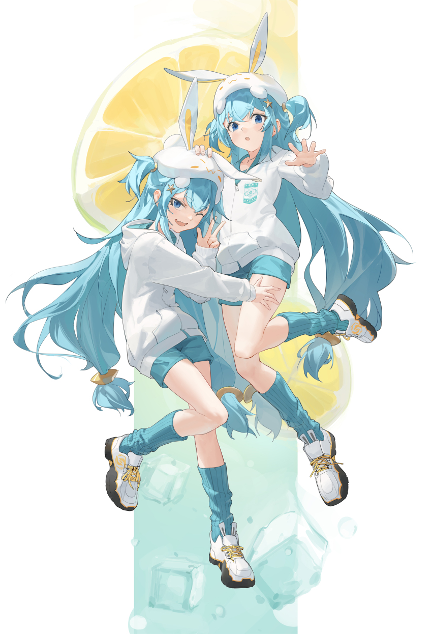 2girls :o ;d absurdres animal_ears animal_hat bemani blue_eyes blue_hair blue_shorts blue_socks commentary_request fake_animal_ears fake_tail fang food fruit hat highres hood hood_down hooded_jacket ice ice_cube jacket lemon lemon_slice multiple_girls near_(sound_voltex) newnand noah_(sound_voltex) one_eye_closed open_mouth parted_lips rabbit_ears rabbit_hat rabbit_tail ribbed_socks shoes short_eyebrows short_shorts shorts siblings sisters smile socks sound_voltex tail thick_eyebrows twins two_side_up white_background white_footwear white_hat white_jacket