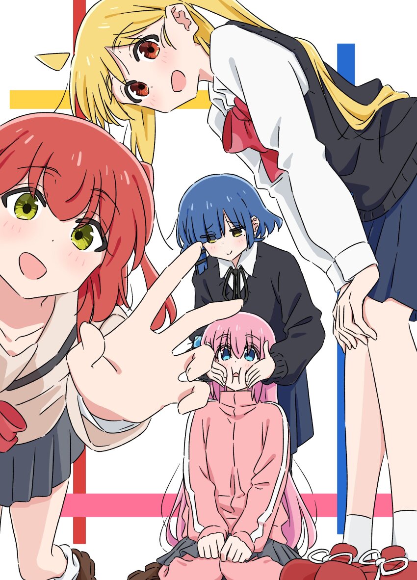 4girls absurdres ahoge black_ribbon black_sweater black_sweater_vest blonde_hair blue_eyes blue_hair blue_skirt blush bocchi_the_rock! bow bowtie brown_cardigan brown_shoes cardigan collarbone collared_shirt commentary_request cube_hair_ornament detached_ahoge dot_nose gotoh_hitori green_eyes grey_skirt hair_ornament hairclip hands_on_another&#039;s_cheeks hands_on_another&#039;s_face hands_on_own_knees highres ijichi_nijika jacket kita_ikuyo leaning_forward loafers long_hair long_sleeves looking_at_viewer mayo_(oekaki_bibbi) mole mole_under_eye multiple_girls neck_ribbon one_side_up open_mouth pants pants_under_skirt pink_hair pink_jacket pink_pants pleated_skirt reaching reaching_towards_viewer red_bow red_bowtie red_eyes red_hair red_shoes ribbon sailor_collar school_uniform shimokitazawa_high_school_uniform shirt shoes short_hair shuka_high_school_uniform side_ponytail sitting skirt smile socks squeezing_cheeks standing sweater sweater_vest track_jacket white_background white_shirt white_socks yamada_ryo yellow_eyes