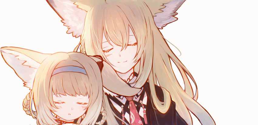 2girls absurdres animal_ears arknights blonde_hair chi_muranami closed_eyes commentary_request fox_ears fox_girl hairband highres mother_and_daughter multiple_girls suzuran_(arknights) vulpisfoglia_(arknights) white_background