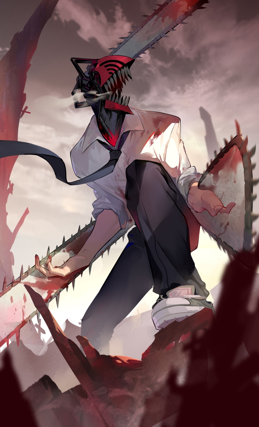 1boy absurdres black_necktie black_pants blood blood_on_clothes blood_on_hands bloody_weapon blurry chainsaw chainsaw_man cloud collared_shirt denji_(chainsaw_man) depth_of_field foot_out_of_frame from_below grey_sky highres hybrid legs_apart male_focus necktie open_mouth outdoors pants rubble sharp_teeth shirt shoes sky sleeves_rolled_up sneakers solo squatting steam teeth weapon white_shirt xieedeguaishou
