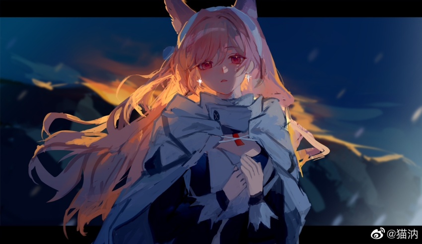 animal_ears arknights black_dress blurry blurry_background cape chinese_commentary commentary_request dawn dress earrings hair_between_eyes hairband hands_on_own_chest high_collar jewelry letterboxed long_hair long_sleeves looking_at_viewer maaovo outdoors outside_border own_hands_together pink_eyes pink_hair pozyomka_(arknights) snowing sunlight upper_body watermark weibo_watermark weibo_watermark white_cape white_hairband