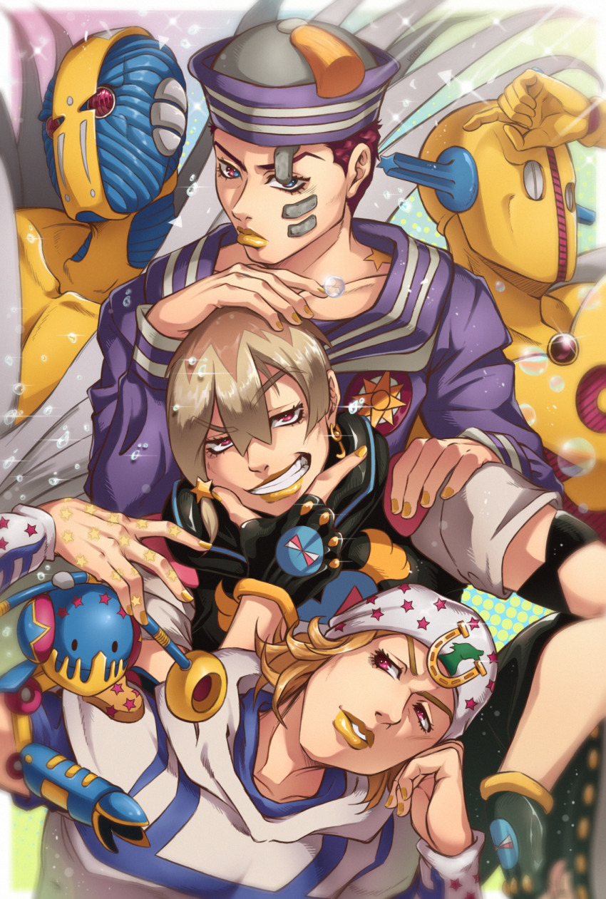 3boys 3others beanie birthmark black_gloves black_hoodie blonde_hair blue_eyes braid brown_hair dixie_cup_hat fingerless_gloves gloves grey_sleeves hat higashikata_josuke_(jojolion) highres hood hoodie horseshoe_hat_ornament jodio_joestar joestar_birthmark johnny_joestar jojo_no_kimyou_na_bouken jojolion kristallion long_sleeves looking_at_viewer military_hat multicolored_eyes multicolored_hair multiple_boys multiple_others november_rain_(stand) purple_hat purple_sailor_collar purple_shirt red_eyes red_hair sailor sailor_collar shirt short_sleeves single_braid smile soft_&amp;_wet star_(symbol) star_print the_jojolands tusk_(stand) tusk_act2 white_hat white_hoodie wristband