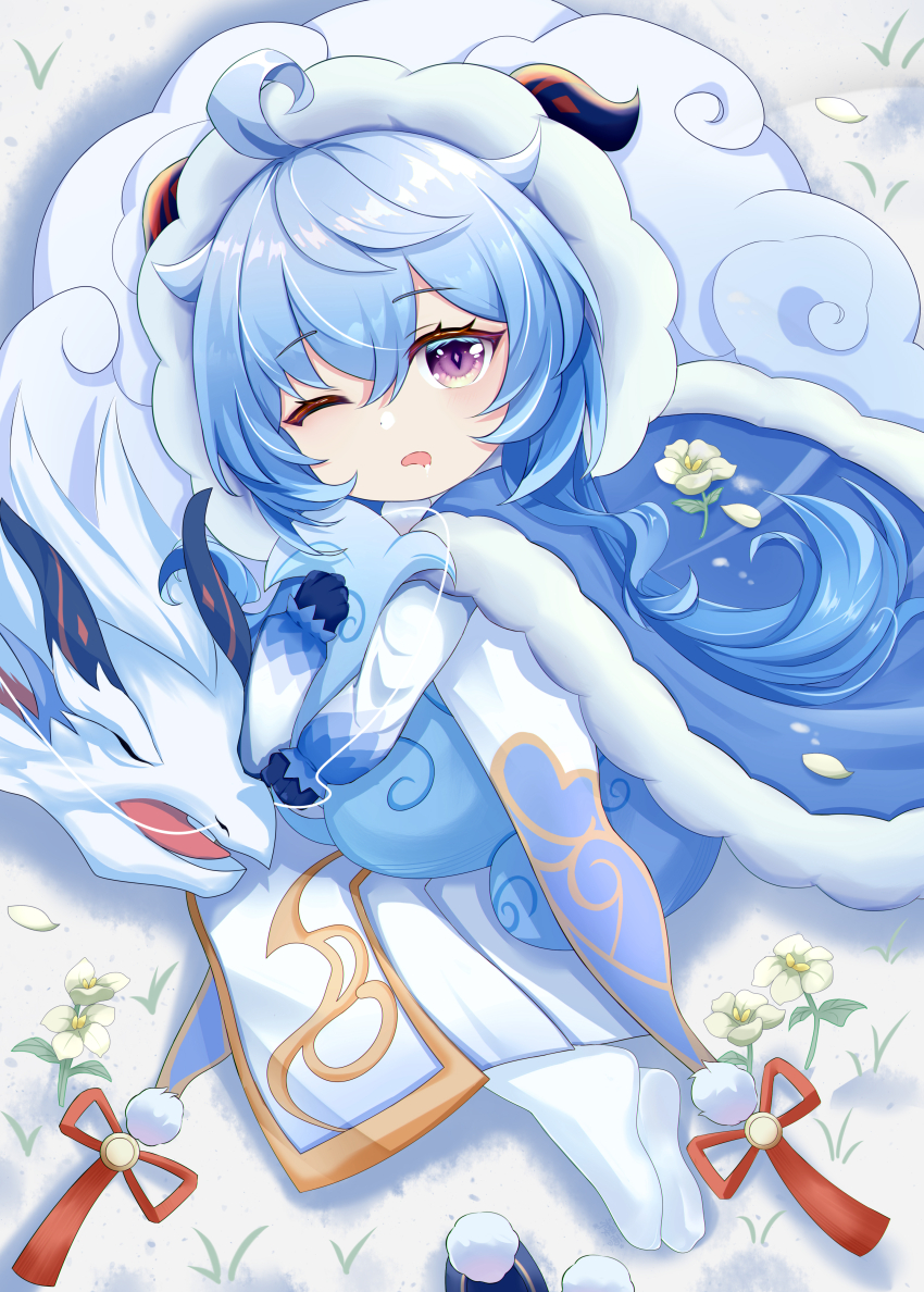 1girl absurdres aged_down ahoge blue_gloves blue_hair cape chinese_commentary commentary_request day flower fur-trimmed_cape fur_trim ganyu_(genshin_impact) ganyu_(young)_(genshin_impact) genshin_impact gloves goat_horns hair_between_eyes highres horns long_hair long_sleeves looking_at_viewer one_eye_closed open_mouth outdoors pom_pom_(clothes) purple_eyes qilin_(mythology) qingxin_flower snow solo tassel very_long_hair white_flower zhui_ming_ying_xue