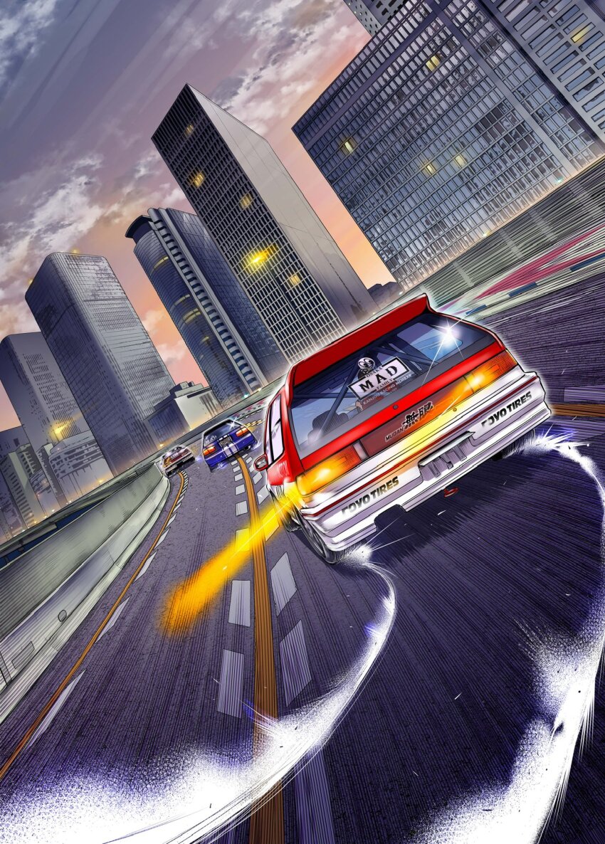 blue_car building car city cloud highres honda honda_civic light_trail motion_lines motor_vehicle no_humans nobunaga_akira official_art osaka_mad_family racing red_car sky smoke vehicle_focus