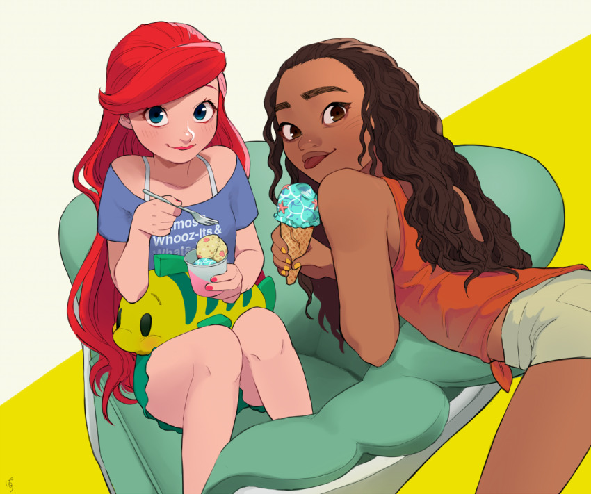 2girls ariel_(disney) armchair bare_arms bare_legs bare_shoulders bent_over blouse blue_eyes brown_eyes brown_hair casual chair character_doll closed_mouth clothes_writing collarbone commentary_request contemporary crossover cup curly_hair dark-skinned_female dark_skin disney disney_princess eyelashes fingernails flounder_(the_little_mermaid) food fork green_shorts grey_shorts holding holding_cup holding_food holding_fork ice_cream ice_cream_cone knees_together_feet_apart light_blush lips long_hair looking_at_viewer looking_back moana_(movie) moana_waialiki multiple_girls off_shoulder on_chair orange_tank_top pano_(mohayayamai) purple_shirt red_hair red_lips red_nails shirt shorts side-tie_shirt simple_background sitting sitting_sideways smile smirk spaghetti_strap stuffed_animal stuffed_fish stuffed_toy swept_bangs tank_top the_little_mermaid_(disney) thick_eyebrows tongue tongue_out two-tone_background very_long_hair wavy_hair wreck-it_ralph yellow_background yellow_nails