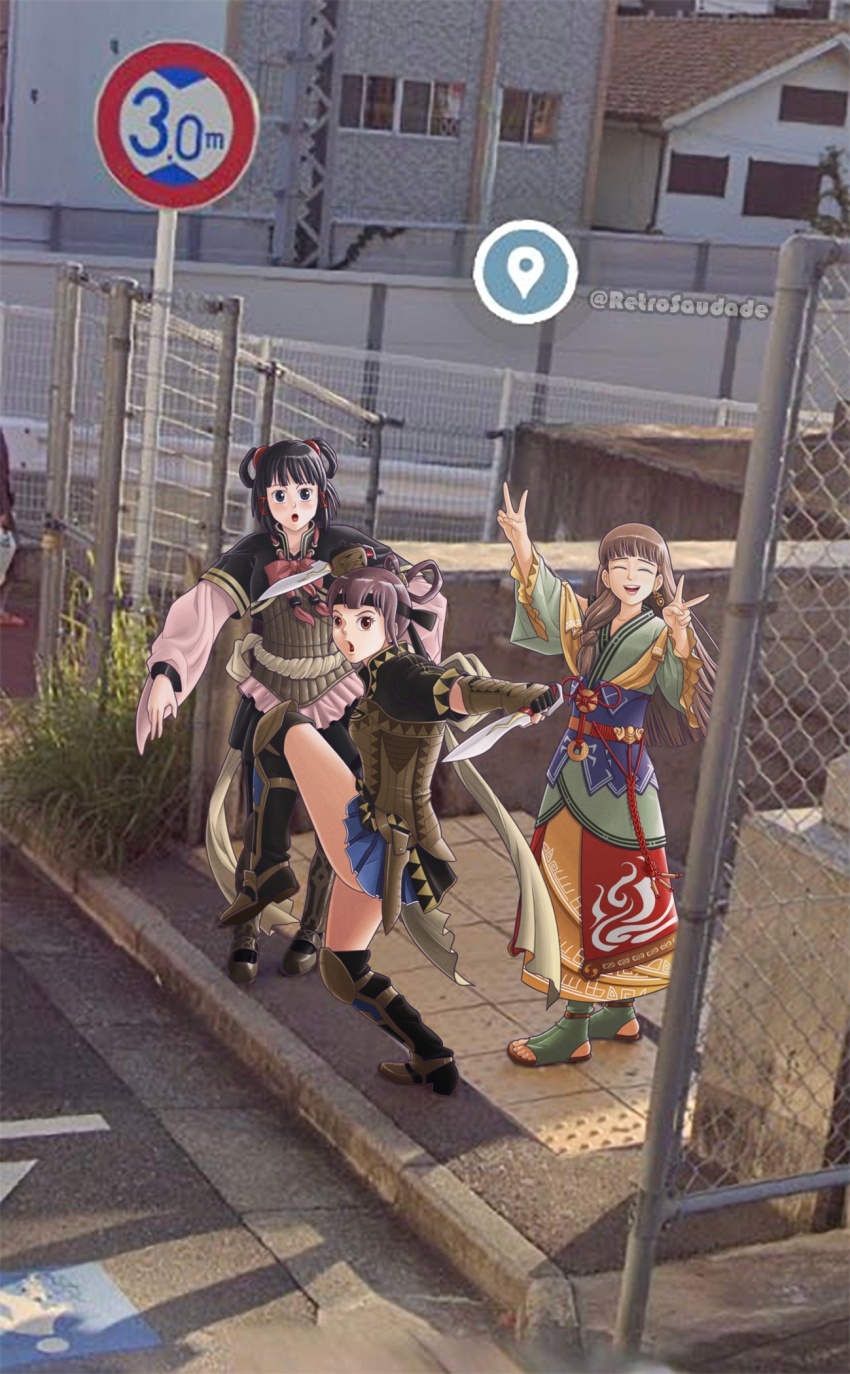 :o black_hair brown_hair dual_wielding gensou_suikoden gensou_suikoden_v hair_rings headband high_school_girls_posing_for_google_street_view_(meme) highres holding knife long_hair lymsleia_falenas lyon_(suikoden) meme miakis_(suikoden) princess retrosaudade short_hair smile