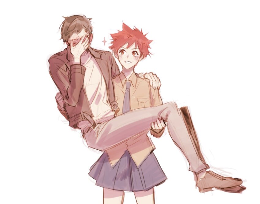 1boy 1girl carrying digimon digimon_adventure_02 jacket kido_shuu motomiya_jun necktie princess_carry reverse_princess_carry school_uniform skirt sparkle
