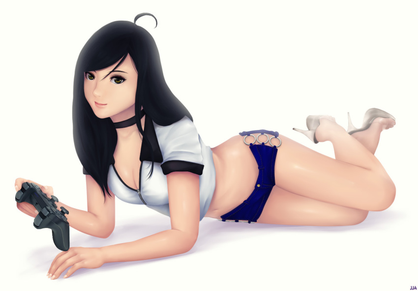 1girl ahoge aithne_(khalitzburg) black_hair breasts choker cleavage controller crop_top crop_top_overhang denim denim_shorts dualshock female_focus game_console game_controller gamepad high_heels khalitzburg_(user_2274420) legs medium_breasts midriff navel no_panties o-ring o-ring_bottom original playstation_controller realistic shiny_skin shoes short_shorts shorts smile solo yellow_eyes zipper