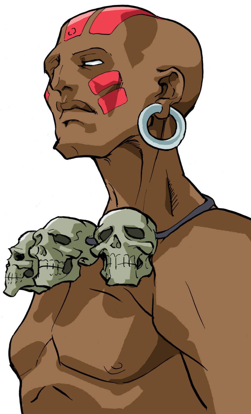 1boy bald bengus capcom dhalsim earrings facepaint from_side game_cg highres jewelry male_focus muscular muscular_male necklace no_pupils non-web_source official_art portrait simple_background skull_necklace solo street_fighter street_fighter_zero_(series) upper_body white_background white_eyes