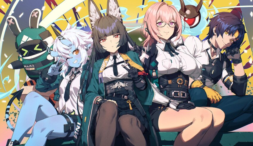 1boy 3girls animal_ears asaba_harumasa black_gloves black_hair black_necktie black_skirt blue_skin blunt_bangs brown_eyes chyko closed_mouth colored_skin crossed_legs dress_shirt fox_ears fox_girl gloves hair_between_eyes headband high-waist_skirt highres horns hoshimi_miyabi long_hair looking_at_viewer multiple_girls necktie oni pantyhose pencil_skirt pink_hair red_eyes shirt short_hair sidelocks sitting skirt smile soukaku_(zenless_zone_zero) tsukishiro_yanagi white_hair white_shirt yellow_eyes yellow_headband zenless_zone_zero