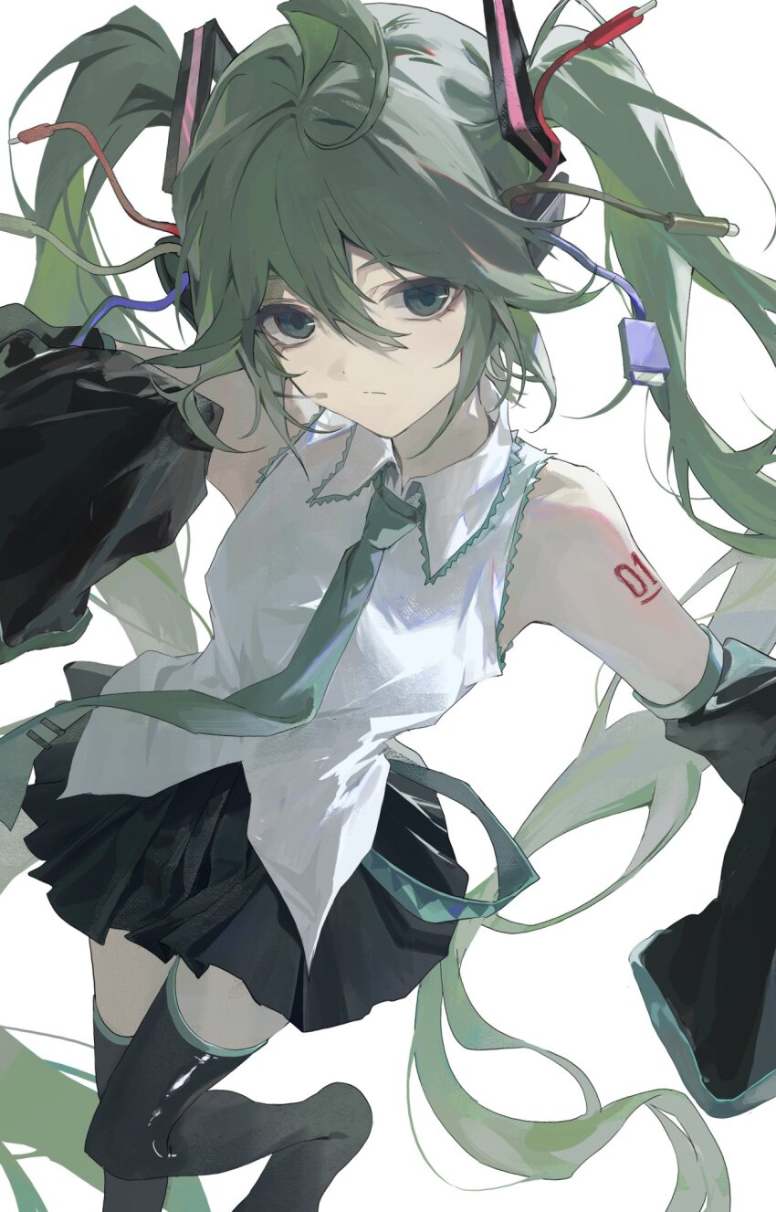 1girl ahoge aqua_necktie aqua_trim arm_tattoo audio_cable bare_shoulders belt black_boots black_skirt black_sleeves boots closed_mouth collared_shirt detached_sleeves double-parted_bangs expressionless frilled_shirt frills green_eyes green_hair hair_between_eyes hair_ornament hand_up hatsune_miku headset highres long_hair looking_at_viewer necktie number_tattoo pleated_skirt shirt sidelocks skirt sleeveless sleeveless_shirt sleeves_past_wrists solo tattoo thigh_boots thighhighs twintails untucked_shirt usb very_long_hair vocaloid white_background white_shirt yukhoe_(kaje7pi) zettai_ryouiki