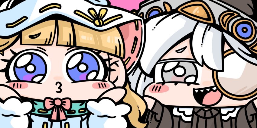 2girls astellar_of_the_white_forest blonde_hair blue_eyes blunt_bangs buraninn chibi diabellstar_the_black_witch diabellze_the_original_sinkeeper duel_monster elzette_of_the_white_forest grey_eyes hat laughing looking_at_viewer monocle multiple_girls portrait sharp_teeth smile teeth white_hair witch_hat yu-gi-oh!