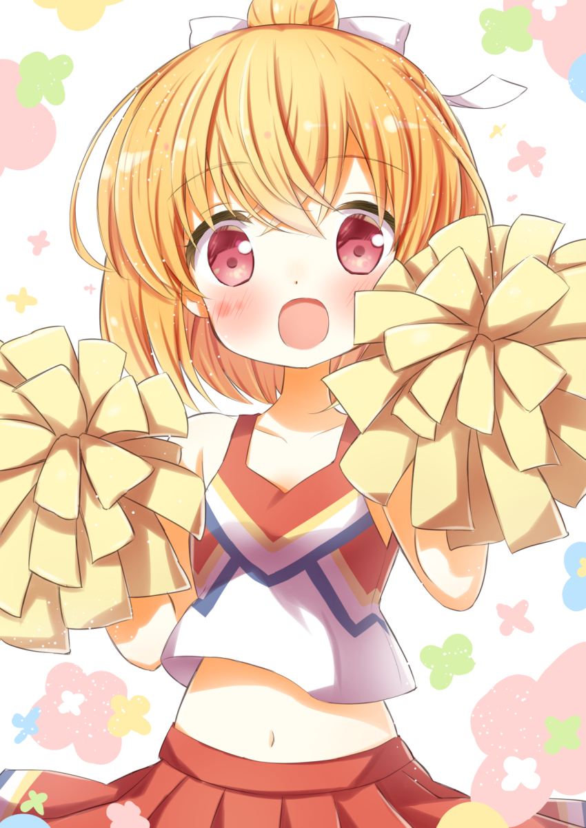 1girl anne_happy blonde_hair blush bow cheerleader collarbone crop_top hair_bow hanakoizumi_an happy highres ichiyo12 looking_at_viewer midriff navel open_mouth pom_pom_(cheerleading) red_eyes red_skirt short_hair skirt smile solo