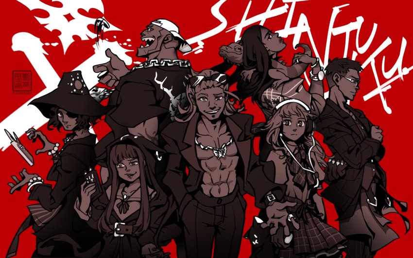 3girls 4boys abs animal animal_ears animal_hood animal_on_shoulder ayano_(ntwewy) backwards_hat baseball_cap black_hair black_headwear black_jacket butterfly_necklace cat_hood cellphone fake_animal_ears glasses grin hat hat_over_one_eye headphones highres hime_cut hishima_(ntwewy) holding holding_phone hood iguana_(animal) jacket kaie_(ntwewy) lipstick lizard long_hair makeup matsunae_tsugumi medium_hair multiple_boys multiple_girls no_shirt open_clothes open_jacket phone sakurane_shoka school_uniform shiba_(ntwewy) shin_subarashiki_kono_sekai smartphone smile subarashiki_kono_sekai suit_jacket sunglasses_on_head susukichi_(ntwewy) telekinesis white_headwear