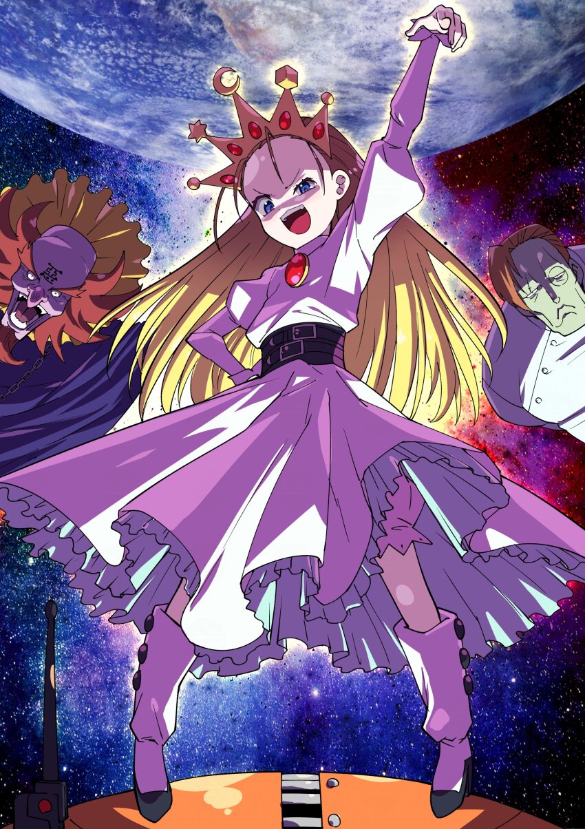 1girl absurdres blonde_hair blue_eyes boots crown cyberbots devilot_de_deathsatan_ix dr_stein dress earth_(planet) forehead full_body hair_slicked_back highres jigoku_daishi long_hair long_sleeves looking_at_viewer open_mouth planet puffy_sleeves smile space star_(sky) toku_sonchou white_dress