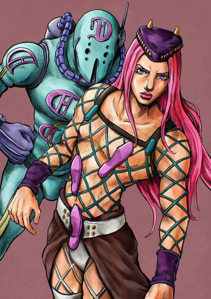 1boy 1other absurdres araki_hirohiko_(style) belt blue_skin brown_skirt colored_skin commentary commentary_request diver_down_(stand) fake_horns fishnet_thighhighs fishnet_top fishnets gloves hat hatching_(texture) highres horned_headwear horns humanoid_robot jojo_no_kimyou_na_bouken kaib0y long_hair looking_at_viewer makeup male_focus narciso_anasui panties pink_eyes pink_hair pink_lips purple_gloves purple_hat robot skirt stand_(jojo) stone_ocean thighhighs tube underwear white_belt white_panties white_thighhighs wristband