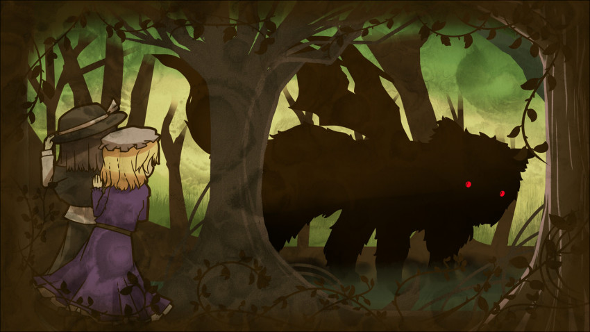 2girls akihiyo blonde_hair bow brown_hair chimera forest hat hiding highres maribel_hearn multiple_girls nature red_eyes short_hair silhouette touhou tree trojan_green_asteroid usami_renko wings