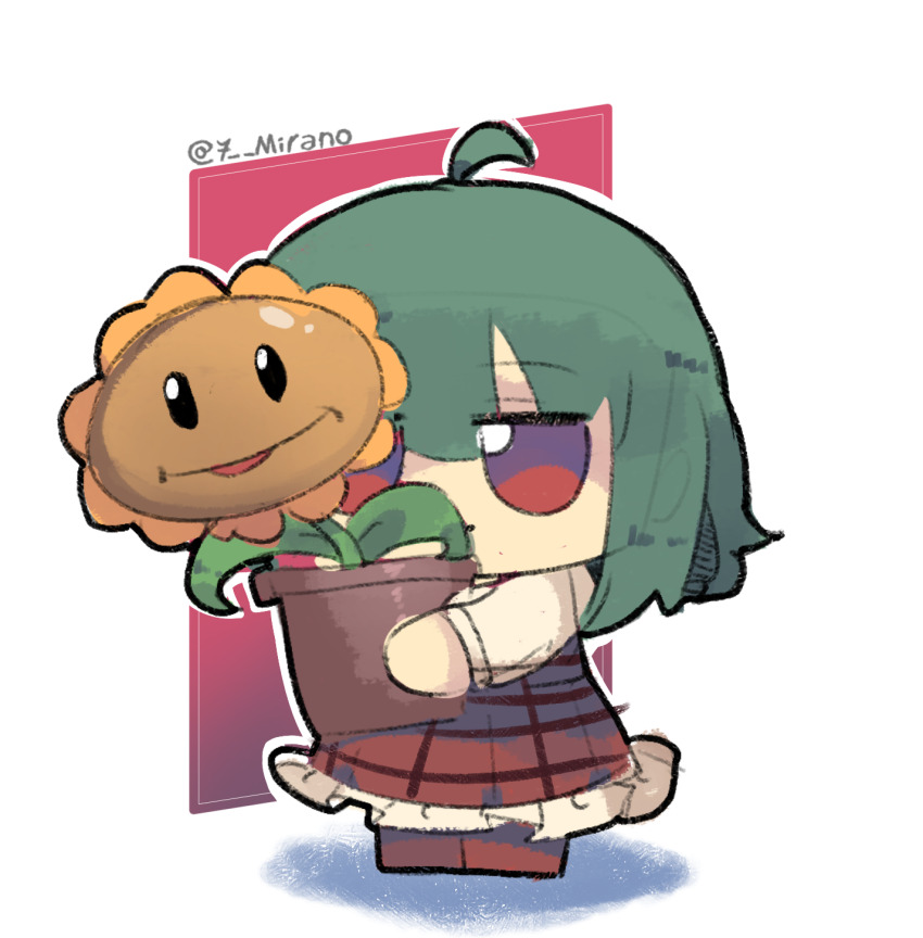 1girl 7-mirano ahoge chibi chibi_only closed_mouth commentary flower flower_pot frilled_skirt frills full_body fumo_(doll) green_hair highres holding holding_flower_pot kazami_yuuka long_sleeves plaid_clothes plaid_skirt plaid_vest plants_vs._zombies red_eyes red_shoes red_skirt red_vest shirt shoes short_hair skirt skirt_set smile solo standing sunflower sunflower_(plants_vs._zombies) touhou twitter_username vest white_background white_shirt