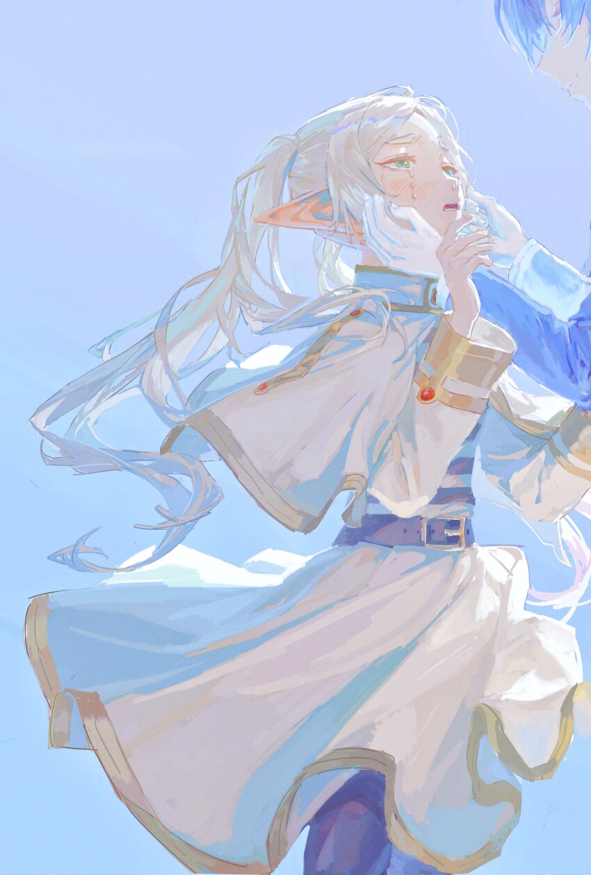 1boy 1girl absurdres belt belt_buckle black_pantyhose blue_background blue_hair blue_shirt brown_belt buckle capelet cavehuuu closed_mouth crying crying_with_eyes_open elf frieren green_eyes hand_on_another&#039;s_cheek hand_on_another&#039;s_face hashtag-only_commentary highres himmel_(sousou_no_frieren) long_hair long_sleeves looking_at_another open_mouth pantyhose pointy_ears robe sad shirt short_hair simple_background smile solo_focus sousou_no_frieren standing tears thick_eyebrows twintails white_capelet white_robe