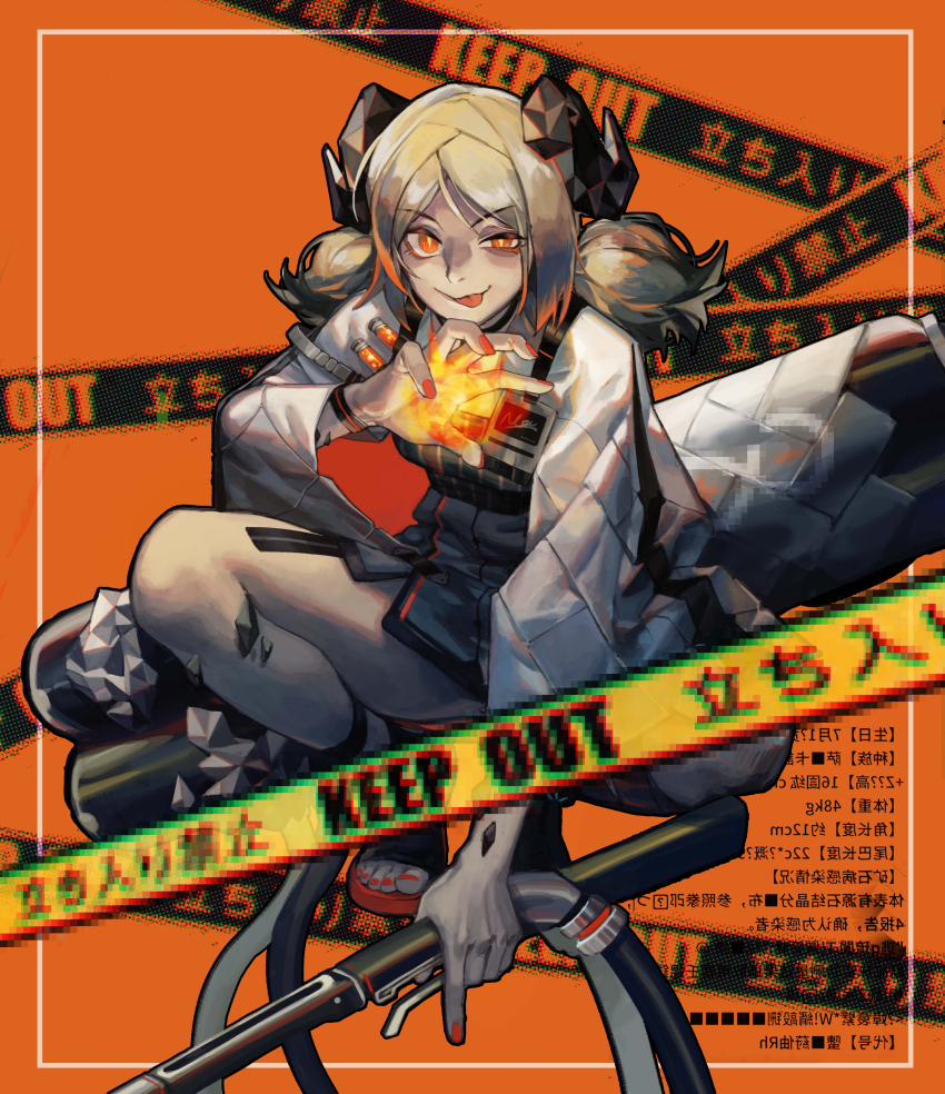 1girl absurdres arknights bright_pupils brown_hair caution_tape chromatic_aberration creamyghost fire flamethrower glitch highres holding holding_flamethrower holding_weapon ifrit_(arknights) long_sleeves looking_at_viewer nail_polish orange_background orange_eyes pyrokinesis red_nails solo squatting toenail_polish toenails tongue tongue_out twintails vial weapon white_pupils