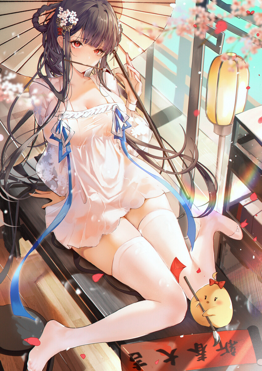 1girl absurdres azur_lane black_hair breasts chinese_clothes cleavage cleavage_cutout clothing_cutout dress falling_petals full_body hanfu high_heels highres holding holding_umbrella large_breasts long_hair manjuu_(azur_lane) petals qixiong_ruqun red_eyes ruqun sitting thighhighs thighs umbrella very_long_hair white_dress white_footwear white_thighhighs xiongshouji yat_sen_(azur_lane) yat_sen_(paragon_of_celestial_grace)_(azur_lane) zettai_ryouiki