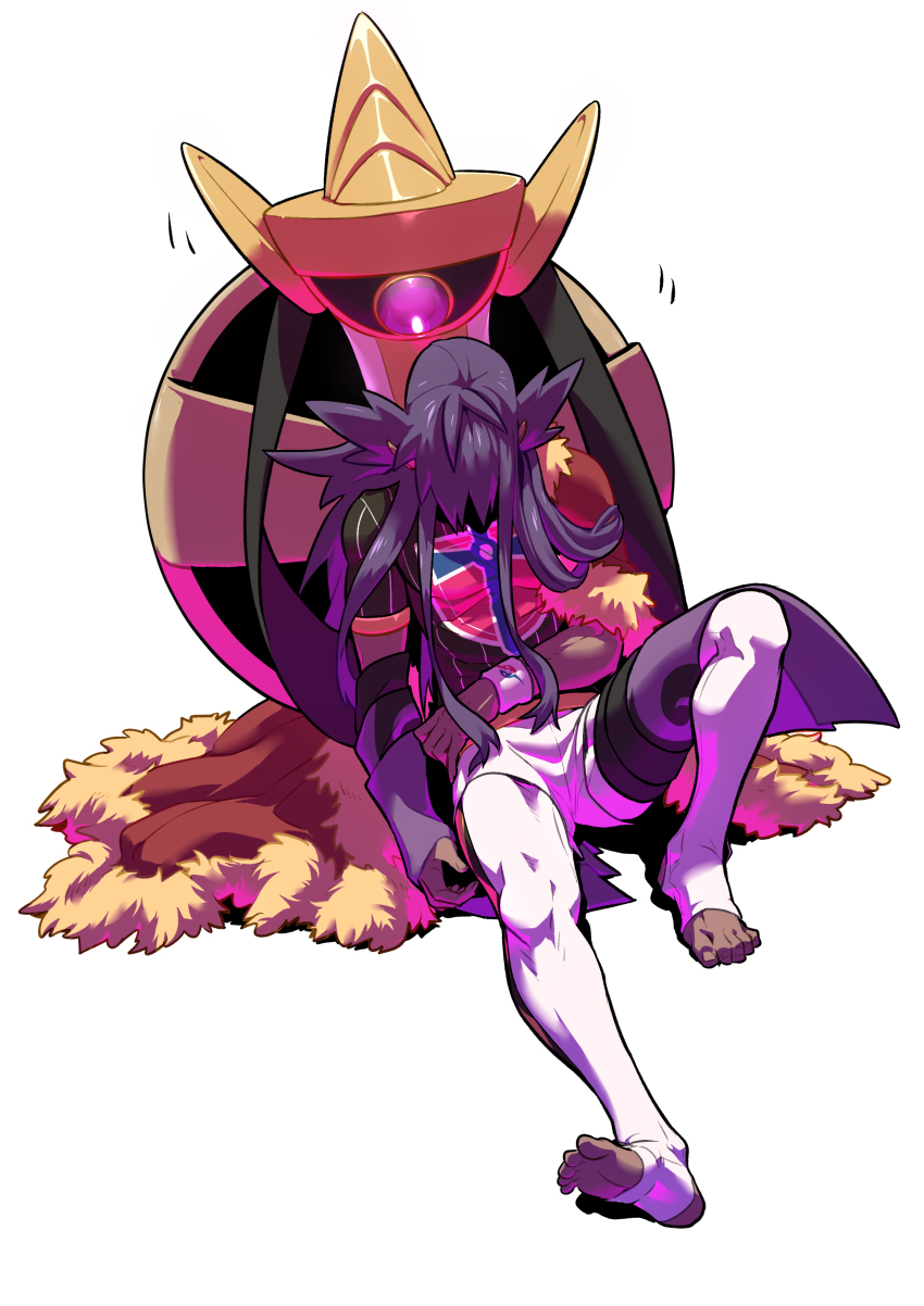 1boy absurdres aegislash bright_pupils cape champion_uniform commentary dark-skinned_male dark_skin fur-trimmed_cape fur_trim gen_6_pokemon highres leaning leggings leon_(pokemon) long_hair male_focus nintendo pokemon pokemon_(creature) pokemon_swsh purple_eyes purple_hair red_cape redlhzz shield_print shirt short_shorts short_sleeves shorts stirrup_legwear sword_print symbol-only_commentary toeless_legwear white_background white_leggings white_pupils white_shorts