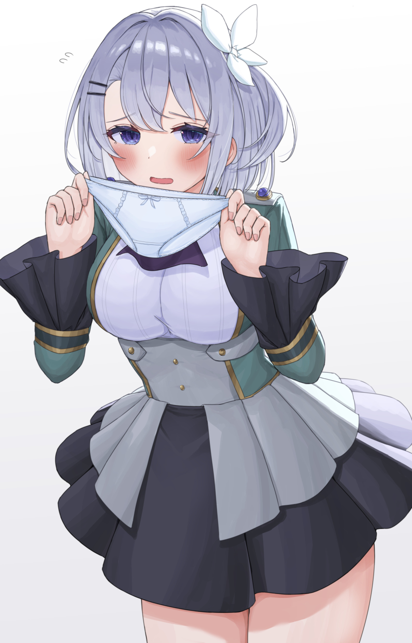 1girl absurdres ascot asigaru3000 black_skirt blue_eyes blush bow bow_panties breasts embarrassed green_jacket hair_intakes hair_ornament hairclip highres hikikomari_kyuuketsuki_no_monmon holding holding_panties holding_underwear holding_unworn_clothes jacket large_breasts looking_at_viewer panties parallel_hairclips purple_ascot sakuna_memoire simple_background skirt solo underwear white_background white_hair white_overskirt white_panties