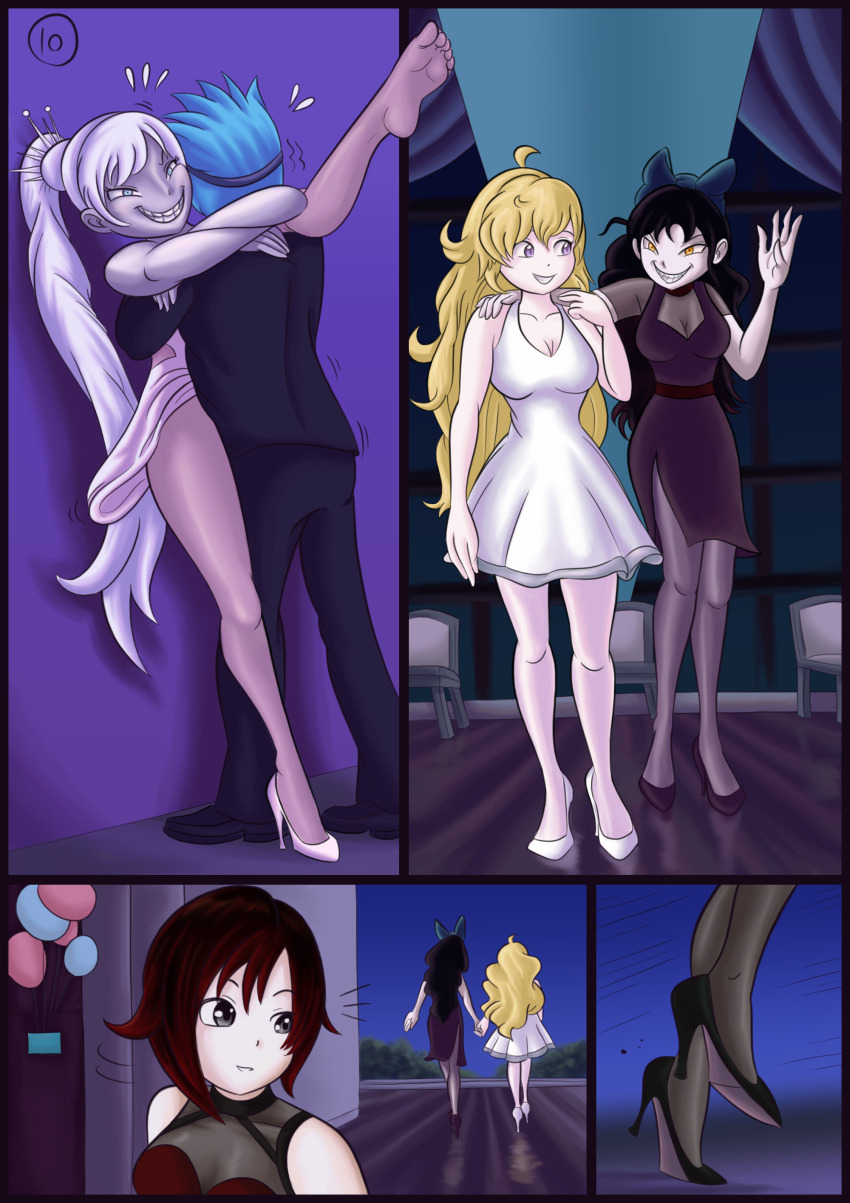 1girl 4girls blake_belladonna blonde_hair blue_hair breasts cleavage dress geist_(rwby) goggles grimm_(rwby) grin high_heels leg_lift leg_up multiple_girls neptune_vasilias possessed possession ruby_rose rwby sagabel skinsuit smile weiss_schnee white_hair yang_xiao_long