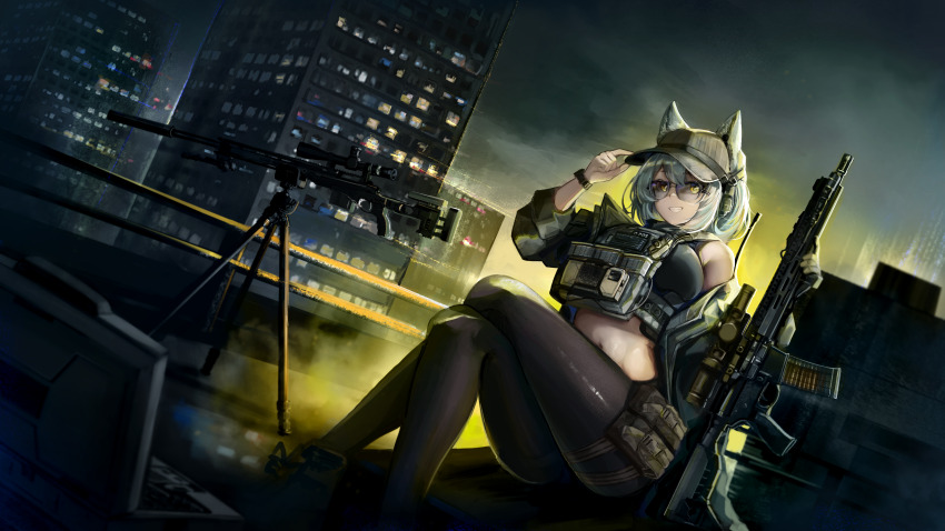 1girl absurdres adjusting_clothes adjusting_headwear ar-15 arktic assault_rifle baseball_cap black_pantyhose cat_girl cityscape crossed_legs ears_through_headwear grey_hair gun hat headgear highres holding holding_weapon load_bearing_vest midriff night off-shoulder_jacket off_shoulder on_ground original pantyhose rifle rooftop scope signal_(arktic) sitting sniper_rifle solo tripod watch weapon yellow_eyes